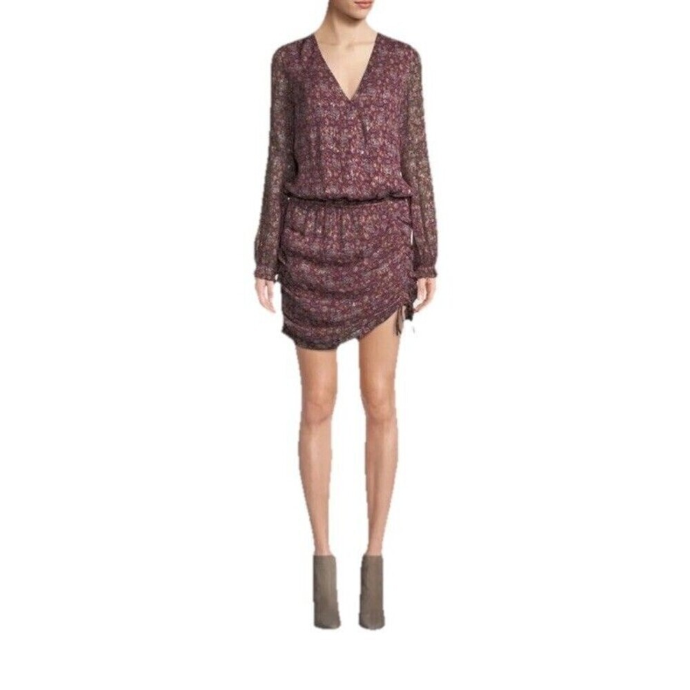 Ramy Brook Vina Silk Lurex Floral Mini Dress XS Burgundy Long Sleeve Ruched NWT